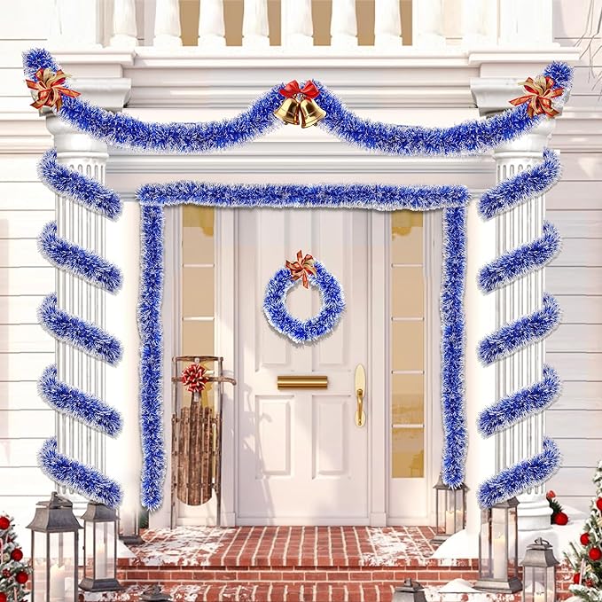 50FT Blue White Christmas Tinsel Garland Metallic Twist Shiny Christmas Tree Decorations, Xmas Holiday Hanging Garland for Home Mantle Stair Indoor Outdoor Holiday Decor Party Supplies - Blue White
