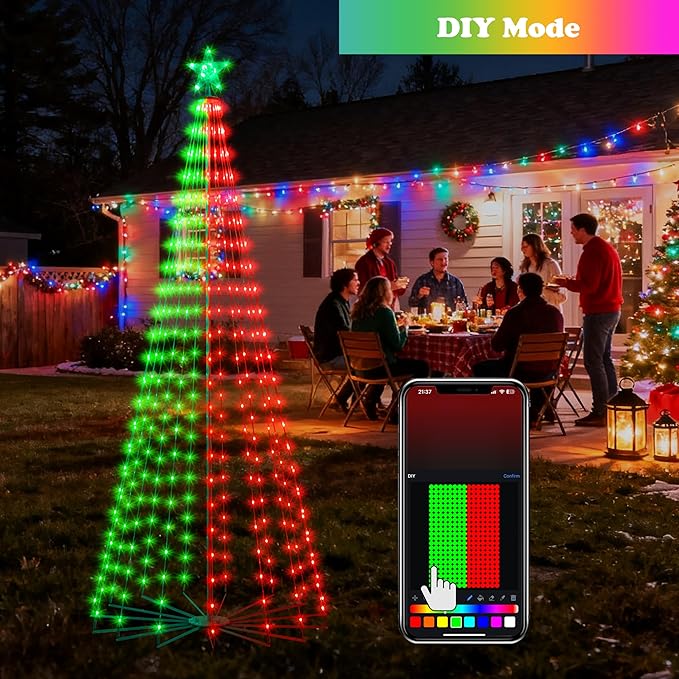 8FT Lighted Outdoor Christmas Tree, 340 LED Smart Cone Tree, Music Sync RGB Fairy Lights, LED Light Show, APP and Remote Control, Timer Function, Perfect for Outdoor Christmas Decorations
