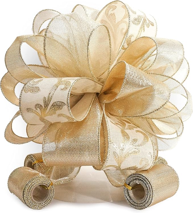 CT CRAFT LLC Champagne Gold Swirl Less Glitter Christmas Tree Topper Bow 11" with 4 Ribbon Streamers x 3 Yards Long Each for Holidy Elegant Fancy Home Décor Indoor
