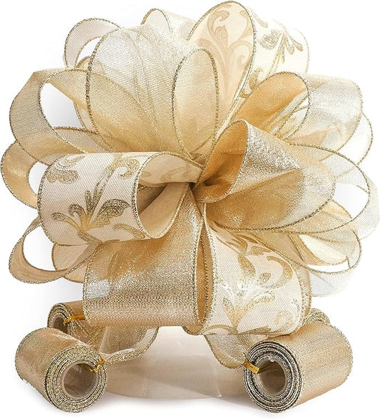 CT CRAFT LLC Champagne Gold Swirl Less Glitter Christmas Tree Topper Bow 11" with 4 Ribbon Streamers x 3 Yards Long Each for Holidy Elegant Fancy Home Décor Indoor
