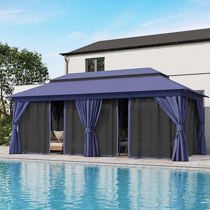LAUSAINT HOME Semi-Permanent Patio Gazebo 10'x20' with Expansion Bolts, Outdoor Heavy Duty Party Shelter with Double Roofs, Nettings and Privacy Screens for Backyard, Garden, Lawn, Navy Blue