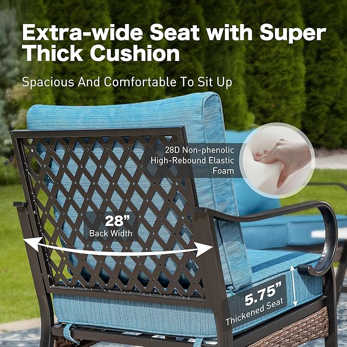 6 Piece Black Metal Outdoor Patio Furniture Sets with Firepit Table, Patio Conversation Sets 1 3-Seater Sofa, 2 Leg Sofa and 2 Swivel Chair with 5.75" Cushion for Backyard Deck, Blue-2