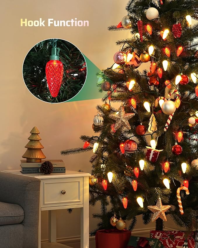DEWENWILS C9 Red & White Christmas Lights, 33.3ft 50 LED String Lights Waterproof, Indoor/Outdoor Xmas Bulb Light with Hook for House, Xmas Tree, Patio, Garden, Yard, Porch, Green Wire, UL Listed