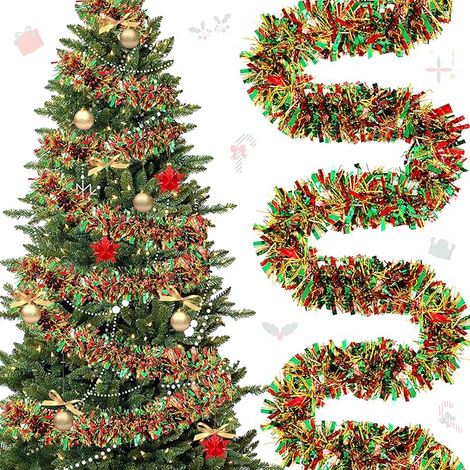 177 Feet Christmas Tinsel Garland Metallic Shiny Hanging Christmas Tree Tinsel Garland Ornaments for Indoor Outdoor Party Wedding Holiday(Red Green Gold)