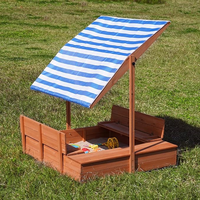 Kids Wooden Outdoor Sandbox with Cover£¬Sand Boxes with Canopy and Foldable Storage Bench Seats, Sand Table with Protection Bottom Liner,Kids Play Equipment for Outdoor(47X47Inch)