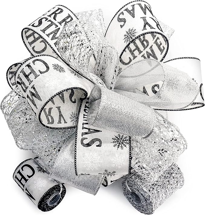 CT CRAFT LLC Silver with Black Christmas Christmas Tree Topper Bow 11" with 4 Ribbon Streamers x 3 Yards Long Each for Holidy Elegant Fancy Home Décor Indoor