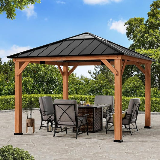 Modern Shade Tranquil Grove Wood Gazebo 11' x 11', Wooden Gazebo with Polycarbonate Hip Roof Hardtop, Permanent Hardtop Pavilion with Sturdy Hooks for Garden, Backyard