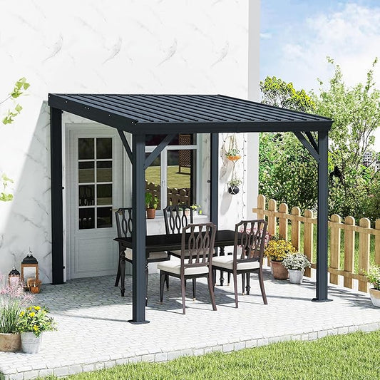 Domi 8' x 8' Lean to Gazebo, Wall Mounted Gazebos Pergola with Built in Drainage System, Galvanized Steel Roof, Hardtop Patio Shelter for Deck, Porch, Backyard and More