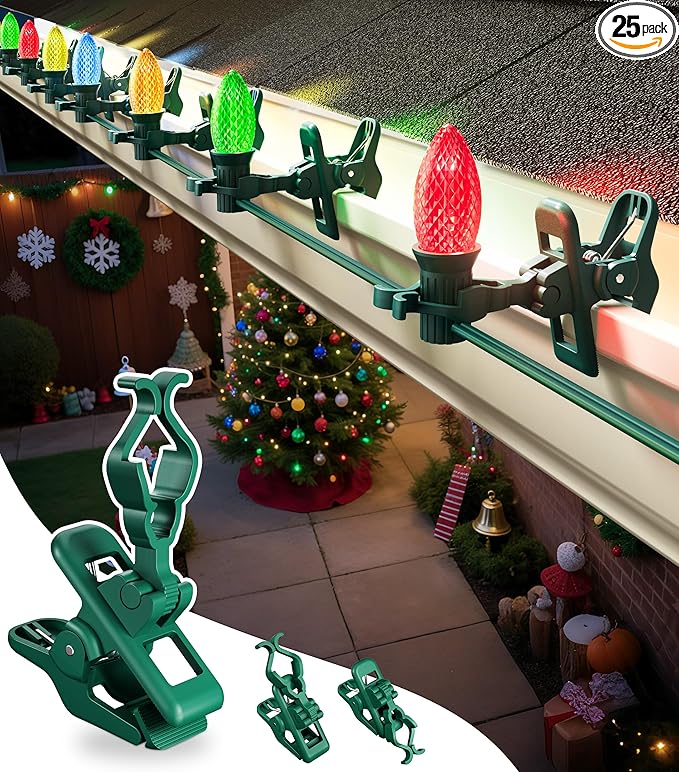 C7 C9 Christmas Lights Spring Clips, 25 Count Holiday Lights Quick Spring Clips, Shatterproof Shingle and Gutter Clips for E12, E17Socket, Rope Lights Roofline Fence Railing Mantel Christmas Trees