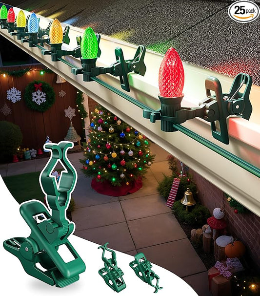 C7 C9 Christmas Lights Spring Clips, 25 Count Holiday Lights Quick Spring Clips, Shatterproof Shingle and Gutter Clips for E12, E17Socket, Rope Lights Roofline Fence Railing Mantel Christmas Trees