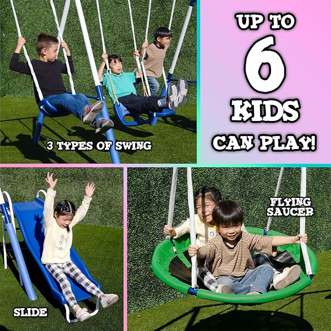 TSC Malibu Swing Set for Kids, Outdoor Metal Playset with 5ft Slide, 38" Saucer, Surfboard Swing, Standing & Blow-Molded Swing – Backyard Fun with 500lbs Max Capacity