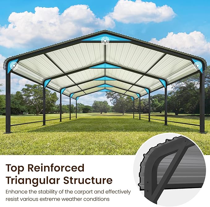 Wisteria Lane 20'x20' Metal Carport with Updated Roof & Enhanced Base, Heavy Duty Canopy Carport Garage, Vertaile for Car, Truck, Boat, Tractors, Party, Dark Gray
