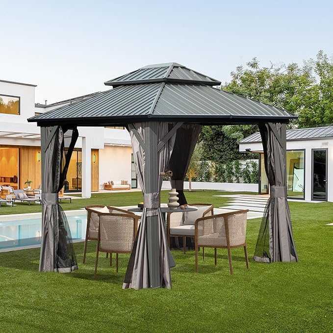 Domi 8' x 10' Hardtop Gazebo Permanent Metal Gazebo with Galvanized Steel Double Roof, Curtains and Netting for Party, Wedding, Outdoor Dining, Patio, Backyard, Grey