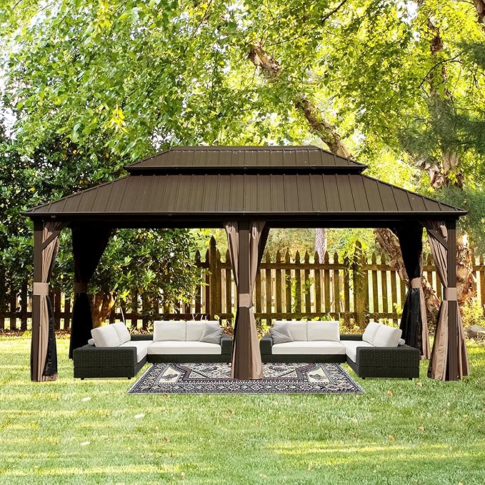Domi 12' x 18' Hardtop Gazebo Permanent Metal Gazebo with Galvanized Steel Double Roof, Curtains and Netting for Party, Wedding, Outdoor Dining, Patio, Backyard, Brown