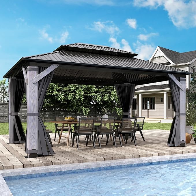 12 x 16FT Wood Gazebo, Wooden Frame Gazebos with Netting and Curtains,Outdoor Hardtop Gazebo with Wood Posts and Galvanized Steel Doule Roof for Lawn, Backyard Deck