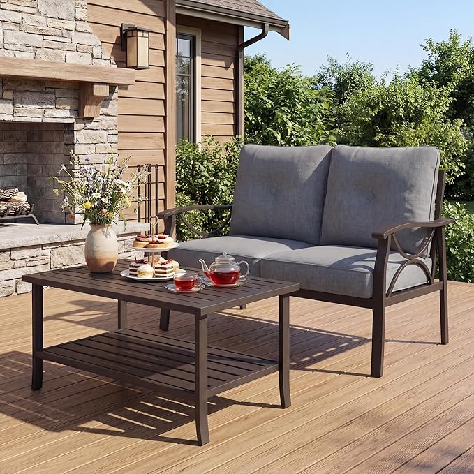 2-Pieces Outdoor Patio Furniture Set, Outdoor Metal Sectional Furniture with Cushions, Outdoor Conversation Set with Coffee Table for Deck, Backyard, Garden, Balcony, Grey