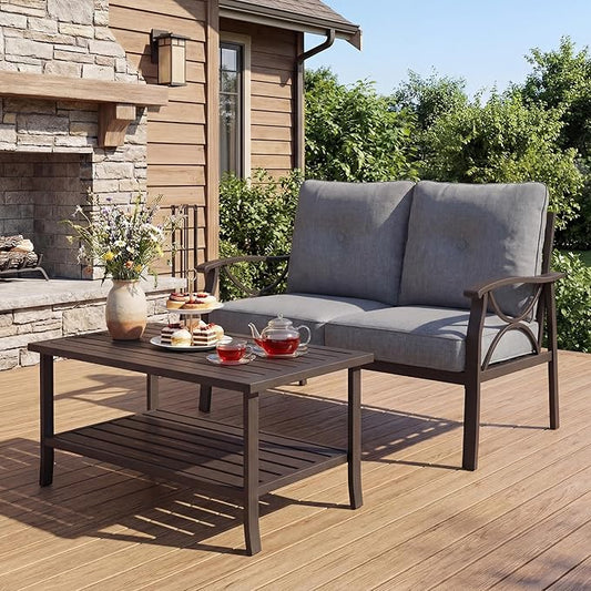 2-Pieces Outdoor Patio Furniture Set, Outdoor Metal Sectional Furniture with Cushions, Outdoor Conversation Set with Coffee Table for Deck, Backyard, Garden, Balcony, Grey