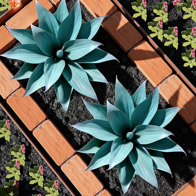 Fake Plants Artificial Agave Plants 13.8" Large UV Resistant Fake Agave Planters for Indoor and Outdoor Decorating Tropical Plant Succulents Greenery Indoor Decor (Blue) 2Pack
