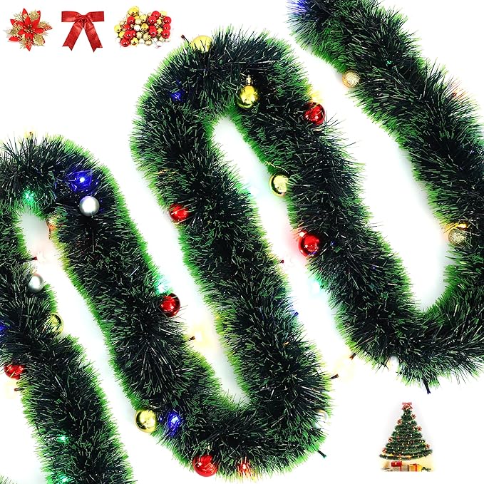 32 Feet Christmas Garland with Lights, DIY Christmas Tree Wall Corner Decor Artificial Garland with Butterfly, Flower and Balls, Battery Operated (Battery Not Included) for DIY Decoration