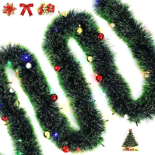 32 Feet Christmas Garland with Lights, DIY Christmas Tree Wall Corner Decor Artificial Garland with Butterfly, Flower and Balls, Battery Operated (Battery Not Included) for DIY Decoration