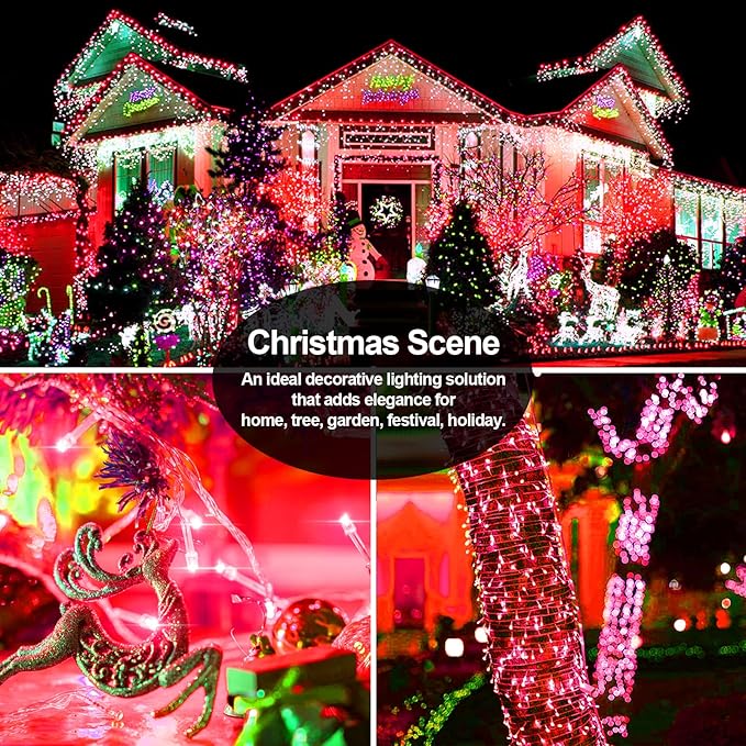 JXLEDAYY 200 FT 500 LED Christmas Lights Outdoor Fairy Lights Plug in Extra Long String Lights Clear Wire Waterproof 8 Modes Timer for Outside House Tree Garden Yard Wedding Party Decorations-Red