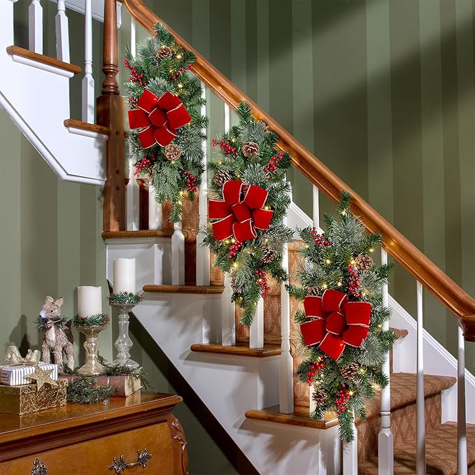 Haute Decor Classic Pre-lit 26 inch Artificial Fir Christmas Swag (Staircase Swag), 20 Warm White LEDs, Indoor/Outdoor