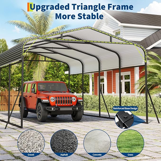 Metal Carport, 12x20 FT Outdoor Carport Canopy with Reinforced Base and Galvanized Steel Roof, Heavy Duty Garage Car Shelter Shade for SUV, Truck, Boats