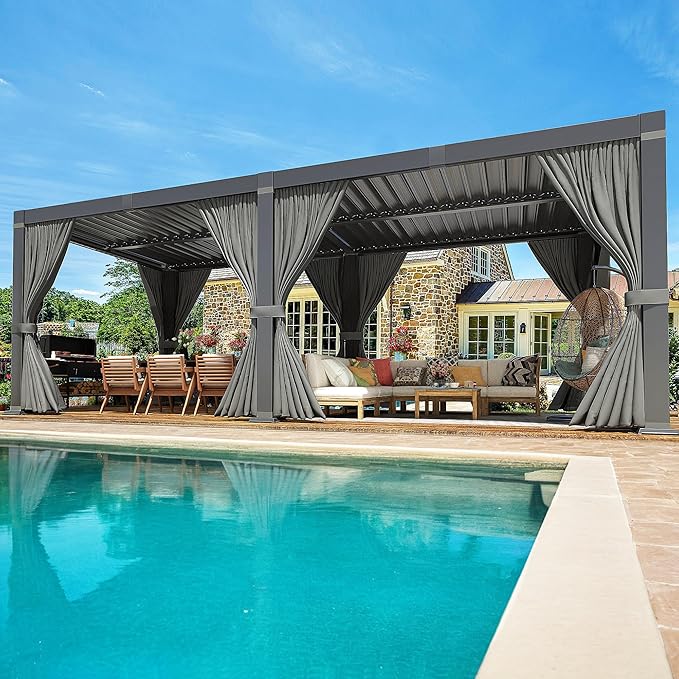 Pergola 10x20 Ft Louvered Pergola, Aluminum Outdoor Pergolas W/Adjustable Roof, Waterproof Curtains and Nets, Outdoor Gazebo for Deck,Patio,Backyard and Garden
