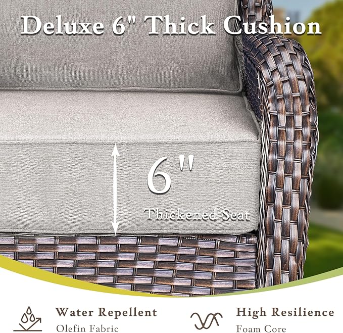Luxury High Back Outdoor Furniture with 6-inch Extra Thick Cushions, Patio Furniture Set with Fire Pit Table & Swivel Chairs, 9 PCS Wicker Conversation Set for Yard, Deck, Poolside, Brown/Beige