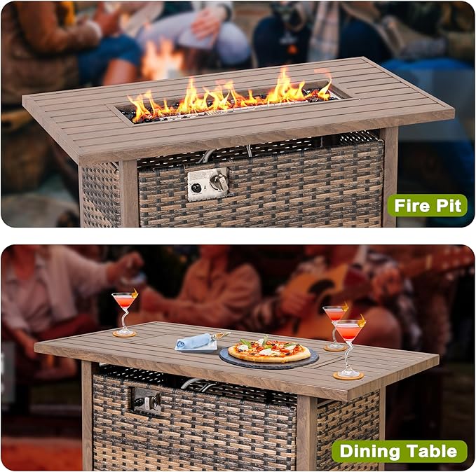 Nuu Garden 43¡± Propane Fire Pit, CSA-Listed Rattan Outdoor Fire Pit Table, 50,000 BTU Smokeless Gas Fire Table with Lid and Glass Beads, 2-in-1 Rectangular Fire Table for Outside Backyard Patio, Brown