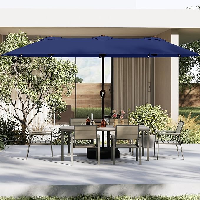 13FT Double-Sided Patio Umbrella with 48 Solar LED Lights, Large Rectangular Outdoor Market Umbrella with Crank Handle, Vented Canopy, Heavy-Duty 12 Rib Steel Frame, for Backyard, Garden, Pool, Navy