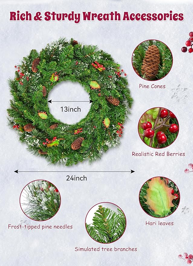Brightown 24 Inch Pre-Lit Artificial Christmas Wreaths for Front Door, Battery Operated Christmas Wreath with 50 LED Lights, Lighted Wreath for Front Door Wall Window