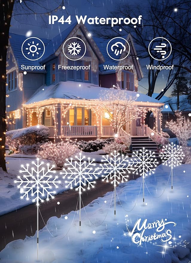 Brightown Snowflake Lights Outdoor,Total 20-Pack Snowflake Christmas Pathway Lights Outdoor Christmas Decorations Yard Sidewalk Walkway Driveway Marker Stake,Cool White