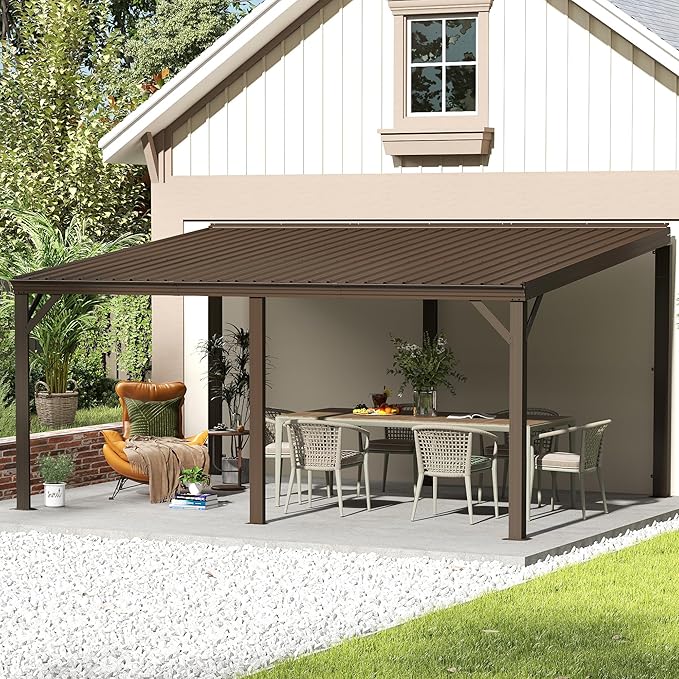 Domi 10' x 16' Lean to Gazebo, Wall Mounted Gazebos Pergola with Built in Drainage System, Galvanized Steel Roof, Hardtop Patio Shelter for Deck, Porch, Backyard and More,Brown