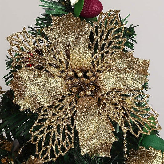 RECUTMS 10 Pcs Christmas Glitter Poinsettia Flowers Picks Christmas Tree Ornaments 6" Wide for Xmas Tree Wreaths Garland Holiday Seasonal Wedding Decoration (Gold)
