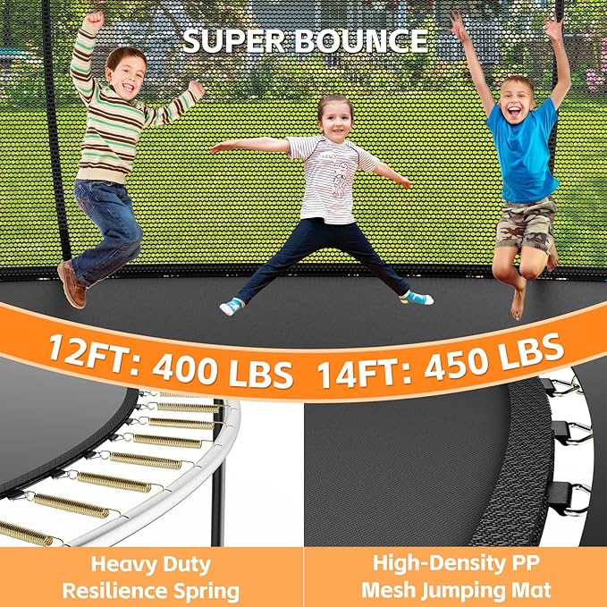 8FT 10FT 12FT 14FT 16FT Trampoline Outdoor, Trampolines for Kids & Adults, Pumpkin Trampolines with Safety Net, Ladder, Coating Metal Frame, ASTM Approved Large Backyard Trampoline for Kids