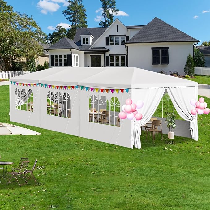 10' x 30' Outdoor Party Canopy Tents with 8 Detachable Sidewalls, White Patio Gazebo Shade Event Shelter Tents with Transparent Windows for Party, Wedding, Birthday, Events, Gatherings, BBQ