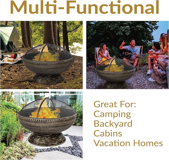 Sunnydaze 30-Inch Large Outdoor Fire Pit - Wood Burning Fire Pit for Outside with Poker and Screen - Black Finish - Regal Cauldron