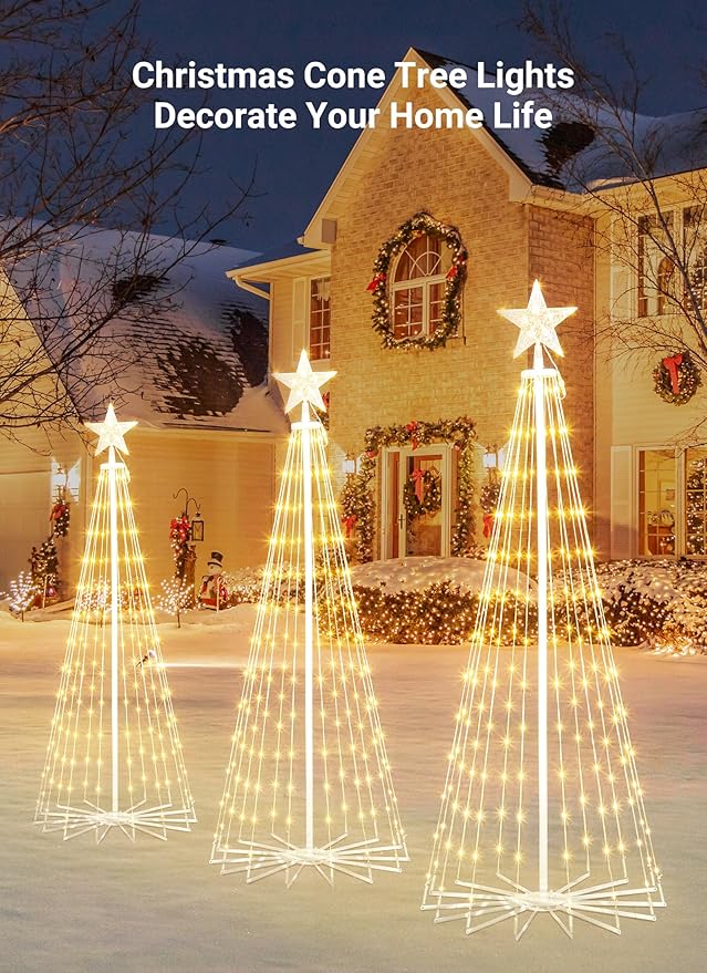 Outdoor Christmas Cone Tree Light with Remote, 3Set Outdoor Lightshow Christmas Tree with Star Topper, Dimmable Artificial Christmas Tree for Porch Yard Patio Indoor Christmas Decorations, Warm White