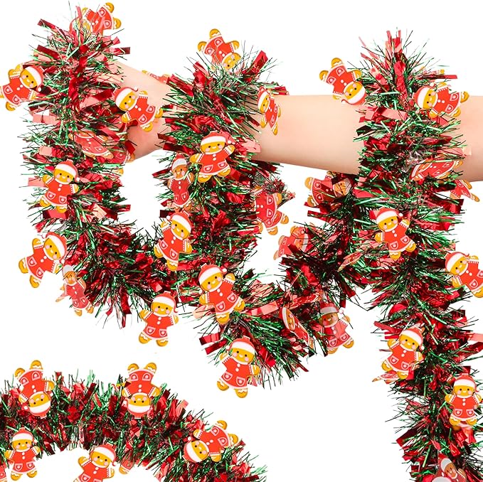50FT Red Green Christmas Tinsel Garland with Gingerbread Man Ornaments, Metallic Xmas Christmas Tree Garland Decorations Indoor Outdoor for Home Fireplace Mantle Stair Office Class Party Holiday Decor