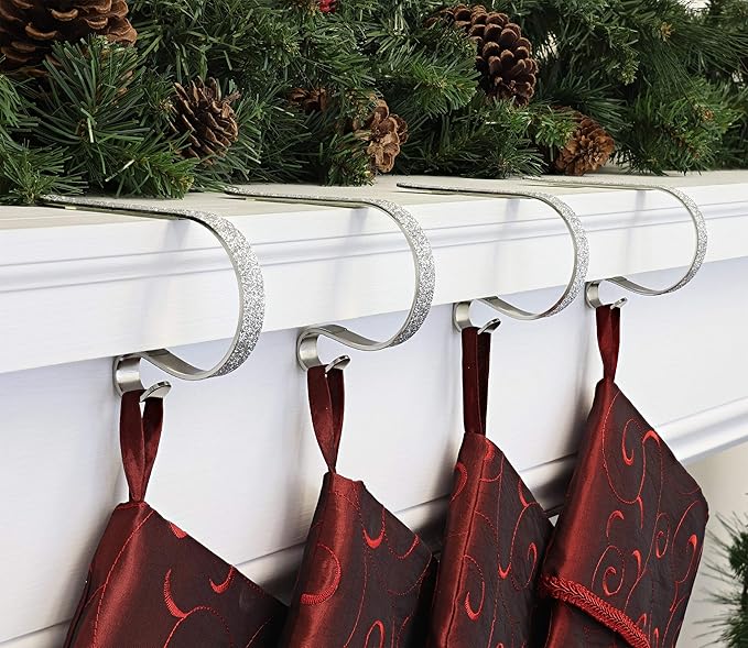 Haute Decor The Original MantleClip Stocking Holder- 4 Pack (Glitter Silver) - Hang Christmas Stockings Safely and Securely from Mantels Up to 3 Inches Thick
