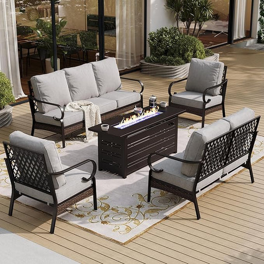 5 PCS Metal Outdoor Patio Furniture Sets with Firepit Table, Patio Conversation Sets 1 3-Seater Sofa, 1 2-Seater Loveseat, 2 Single Sofa with 5.75" Cushion for Backyard, Light Gray