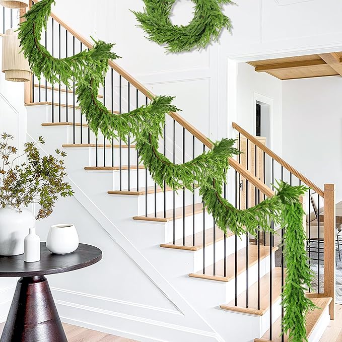 6 FT Christmas Norfolk Pine Garland Real Touch Artificial Faux Greenery Pine Christmas Garland Decorations for Home Mantle Table Stairs Door Fireplace Indoor Outdoor Xmas Holiday Decor