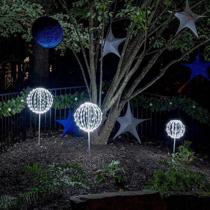 Wintergreen Lighting LED Light Ball – Indoor/Outdoor Christmas Light Balls, Light Spheres Outdoor/Sphere Light Fold Flat Metal Frame (16, White Frame/Cool White Lights)