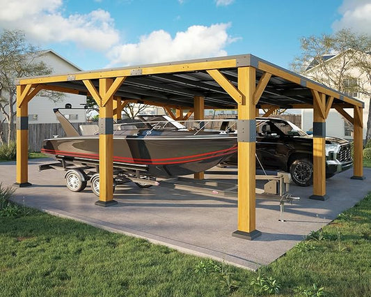 Jocisland 20x20x9.2 FT Cedar Wood Carport for 2 Cars, Heavy Duty Canopy Carport with Sloped Galvanized Steel Roof for All Weather, Permanent Shelter for Boats, Full-Sized Pickup Trucks & Tractors