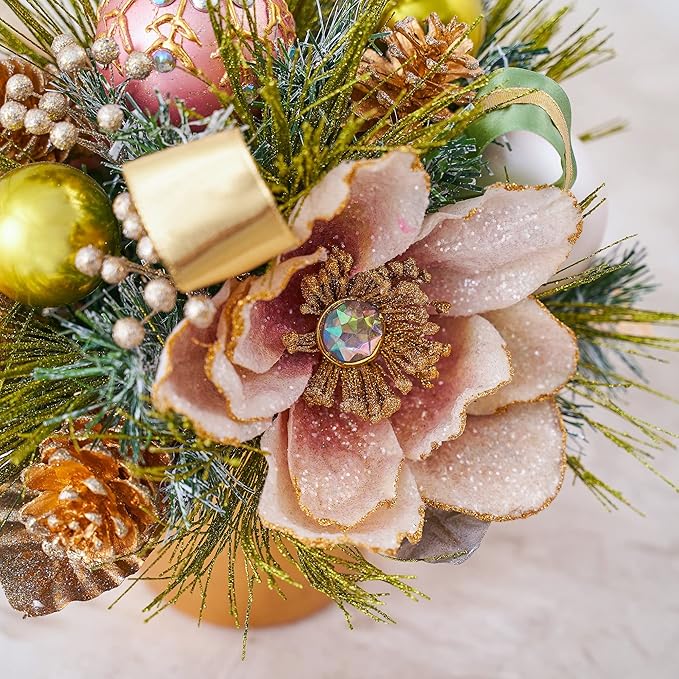 Holiday Tree Christmas Centerpiece - Blush Magnolia Arrangement with Pot Handcrafted - Jeweled Glittery Magnolia, Golden Pinecone, Ribbon, and Greenery Pine Needle (10")