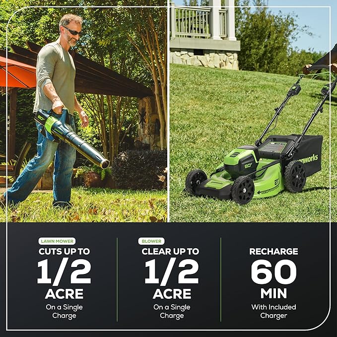 Greenworks 80V 21¡± Brushless (Self-Propelled) Cordless Electric Lawn Mower + (580 CFM) Axial Leaf Blower (75+ Compatible Tools), 4.0Ah Battery and 60 Minute Rapid Charger, Green and Black