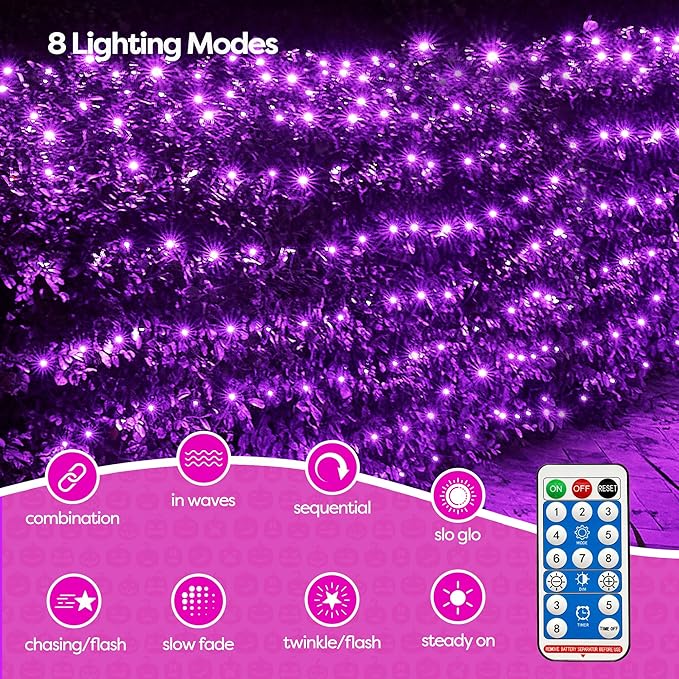WBao Solar Halloween Lights Outdoor, 200LED 8.4ft x 5.2ft Halloween Net Lights with Remote, 8 Modes, Timer, IP65 Waterproof & Dark Green Wire for Lawn, Bushes, Trees Outdoor Decorations, Purple