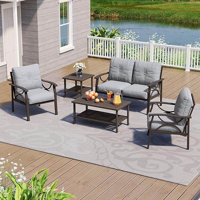 5-Piece Outdoor Patio Furniture Set, Outdoor Metal Sectional Furniture with Cushions, Outdoor Conversation Seating Set with Side Table for Backyard, Garden, Balcony, Deck, Grey