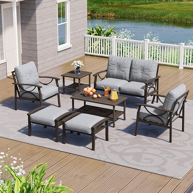 7-Piece Outdoor Patio Furniture Set, Outdoor Metal Sectional Furniture with Cushions, Outdoor Conversation Seating Set with Side Table for Garden, Balcony, Deck, Backyard, Grey